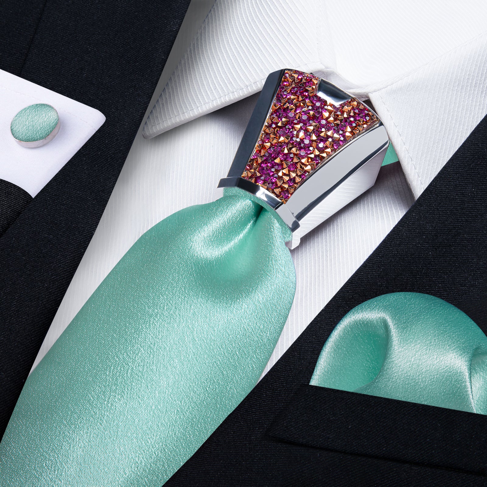 silk mens Shining Solid Turquoise nice tie handkerchief cufflinks set with mens tie accessory ring set for wedding suit dress