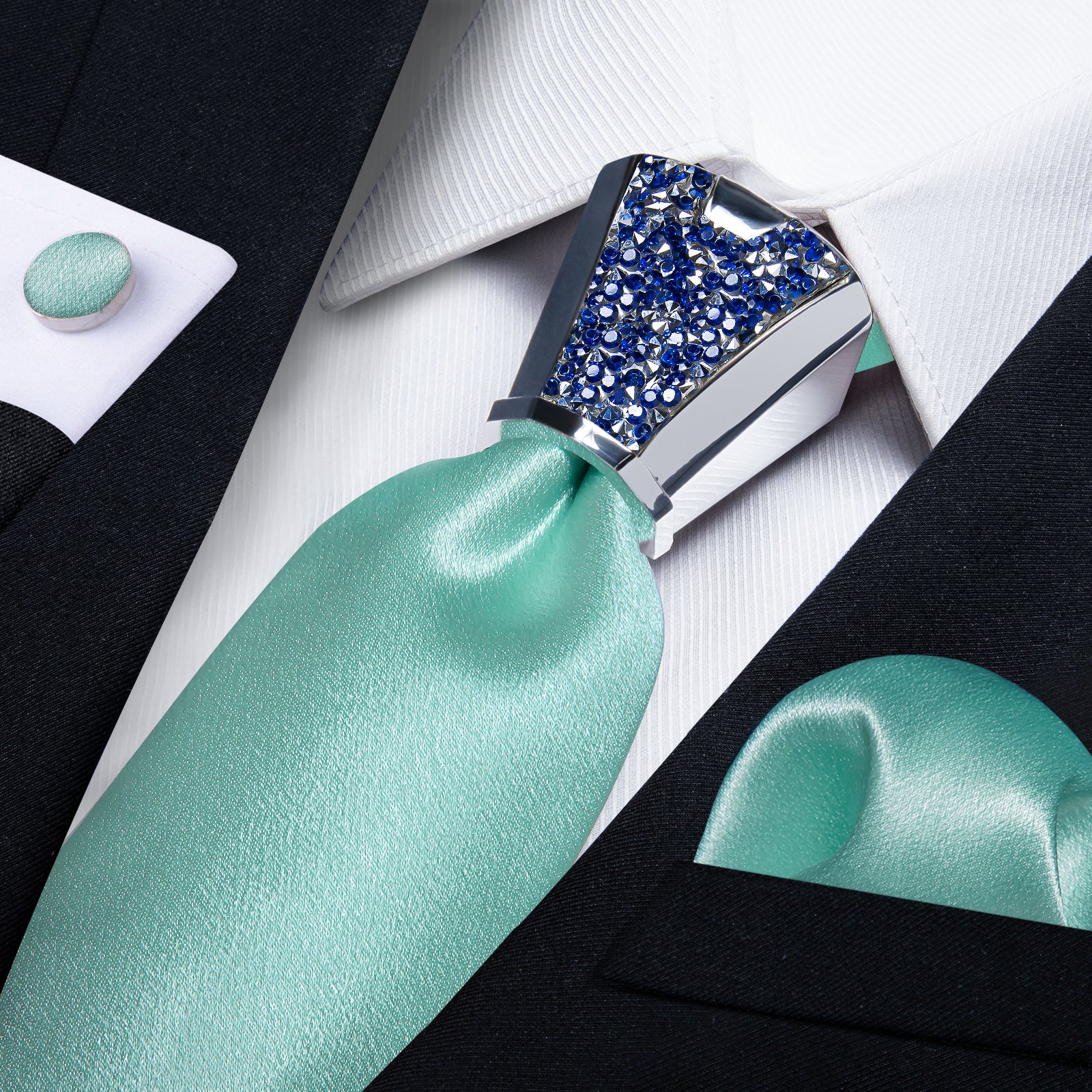 silk mens Shining Solid Turquoise nice tie handkerchief cufflinks set with mens tie accessory ring set for wedding suit dress
