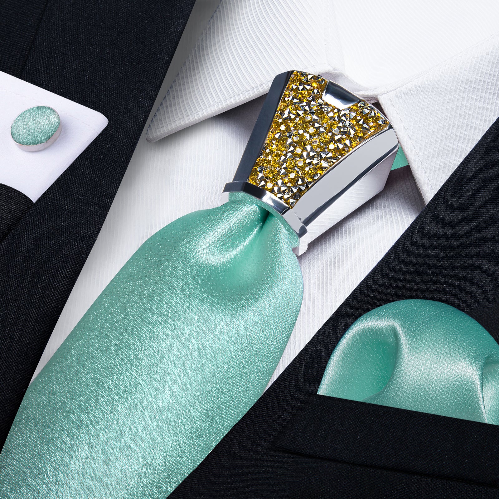 silk mens Shining Solid Turquoise nice tie handkerchief cufflinks set with mens tie accessory ring set for wedding suit dress