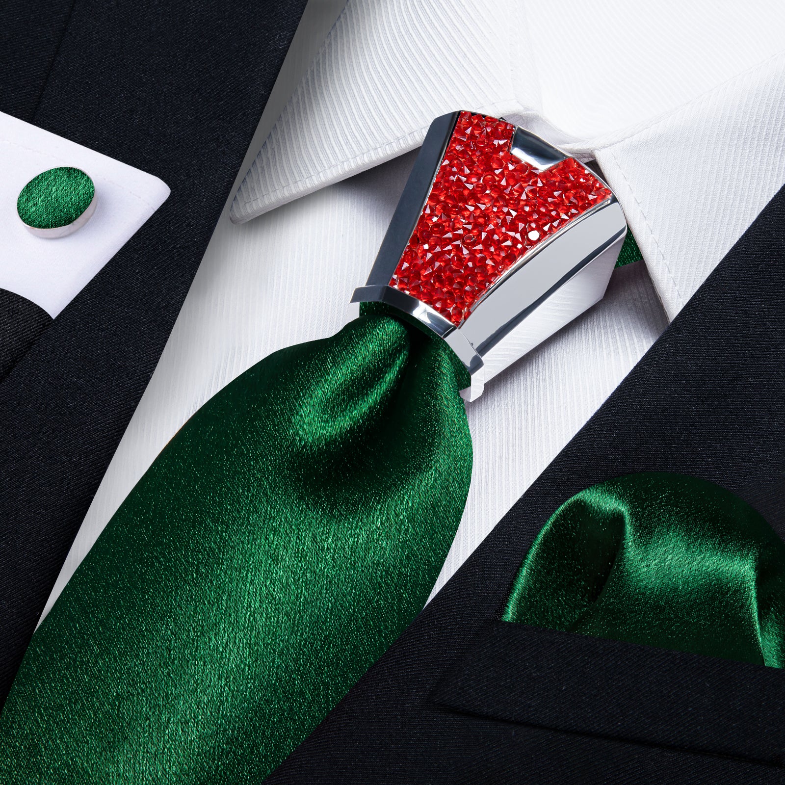all black suit with green tie of fashion shinning dark green solid mens tie handkerchief cufflinks set with tie accessory ring set