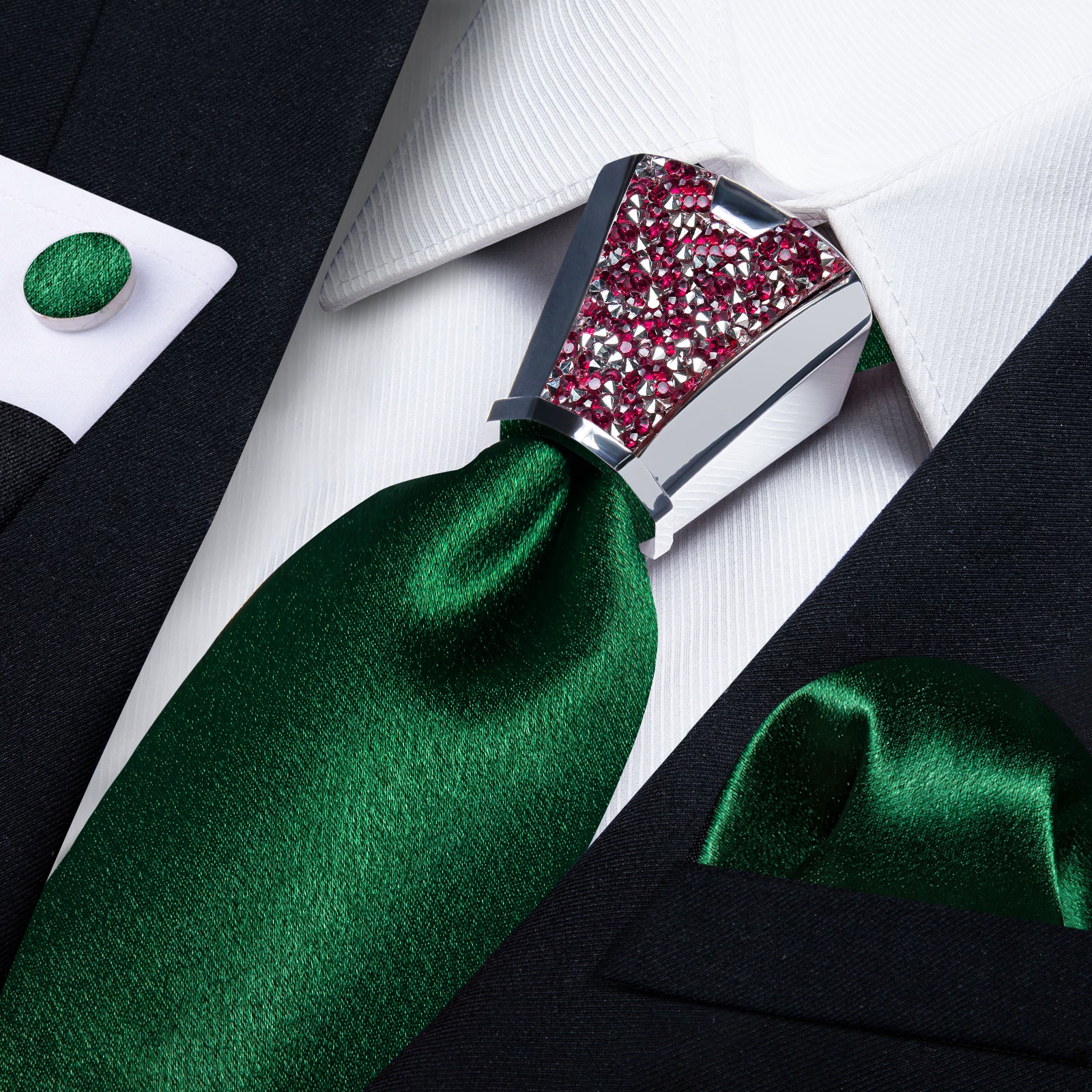 all black suit with green tie of fashion shinning dark green solid mens tie handkerchief cufflinks set with tie accessory ring set