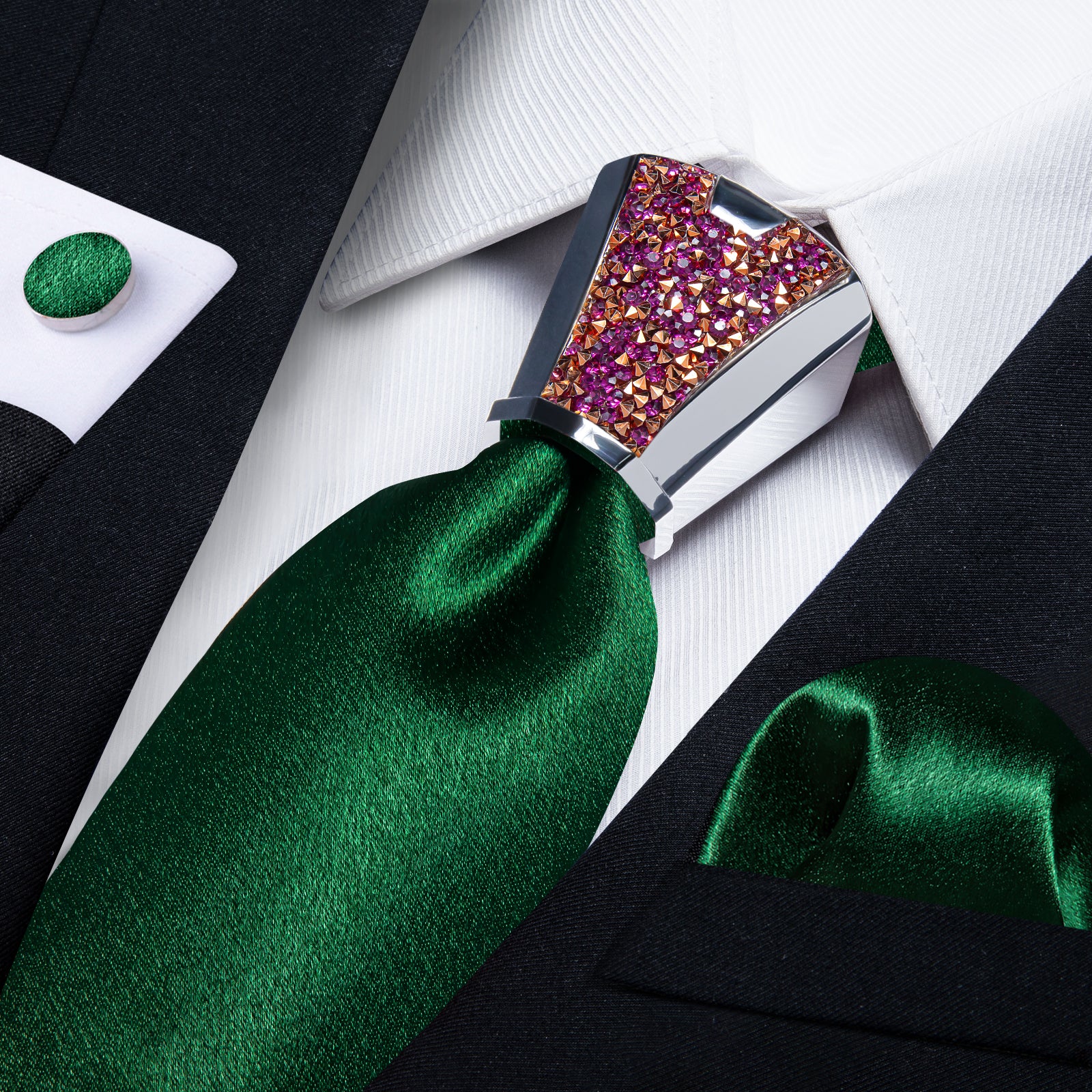 all black suit with green tie of fashion shinning dark green solid mens tie handkerchief cufflinks set with tie accessory ring set