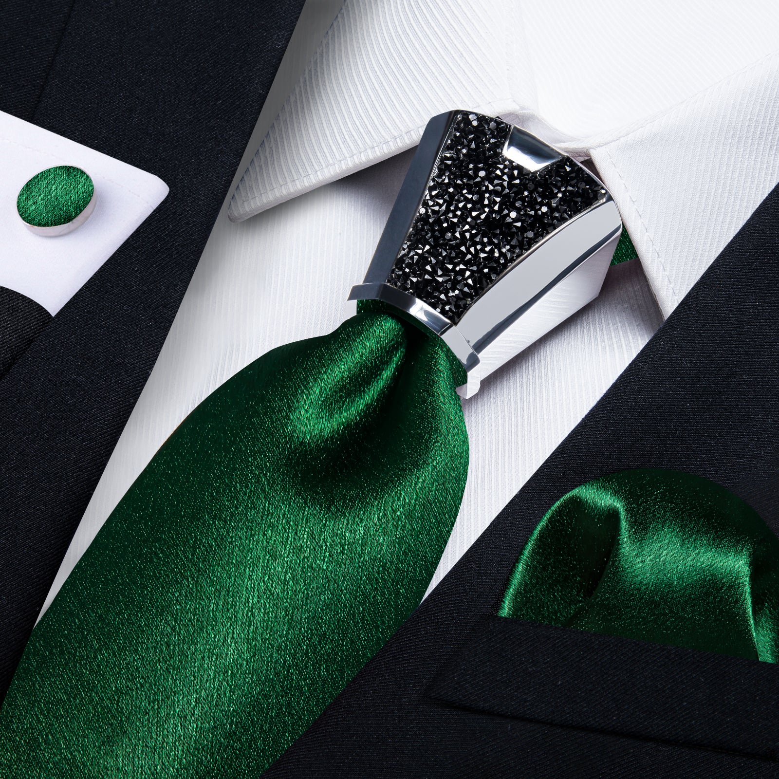 all black suit with green tie of fashion shinning dark green solid mens tie handkerchief cufflinks set with tie accessory ring set