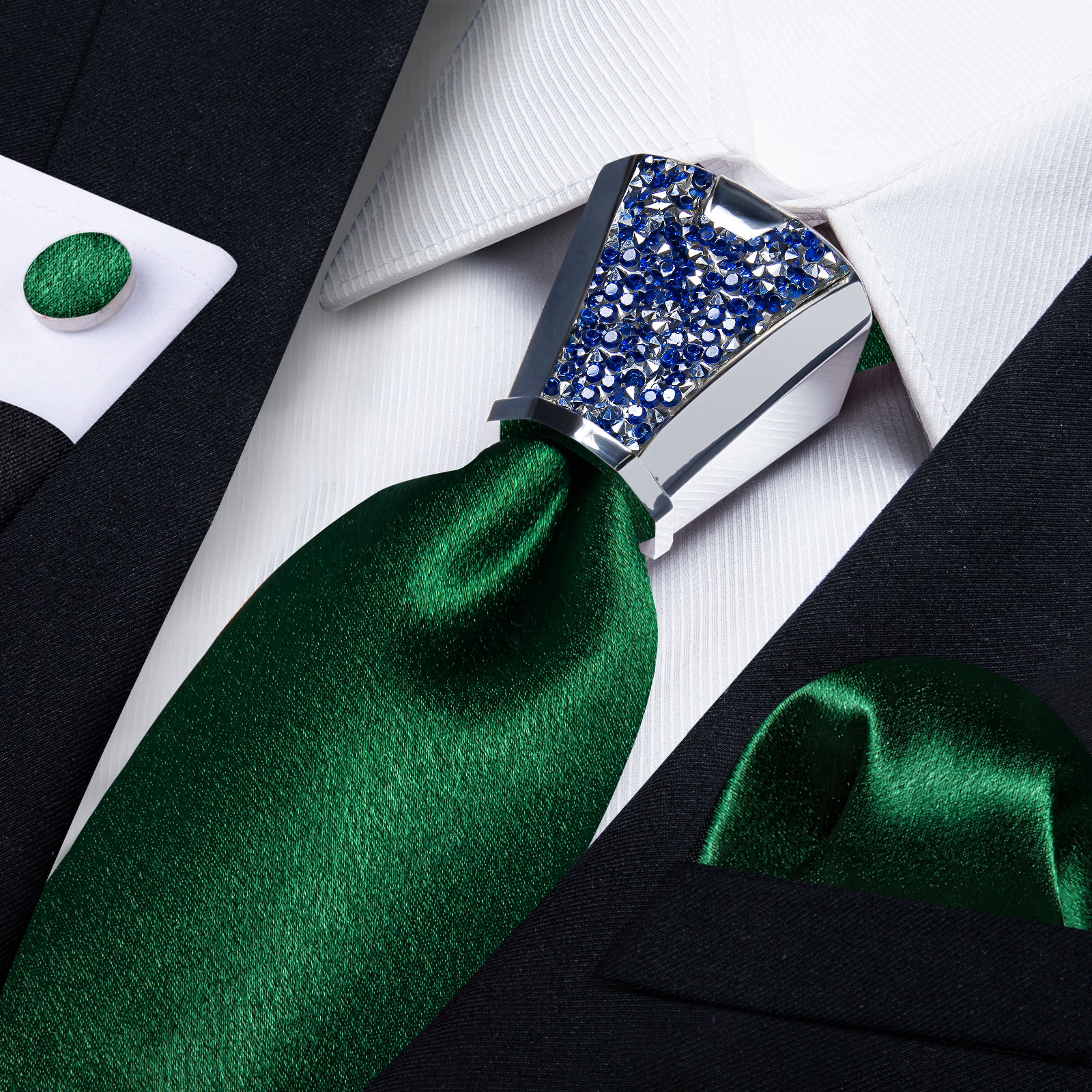 all black suit with green tie of fashion shinning dark green solid mens tie handkerchief cufflinks set with tie accessory ring set