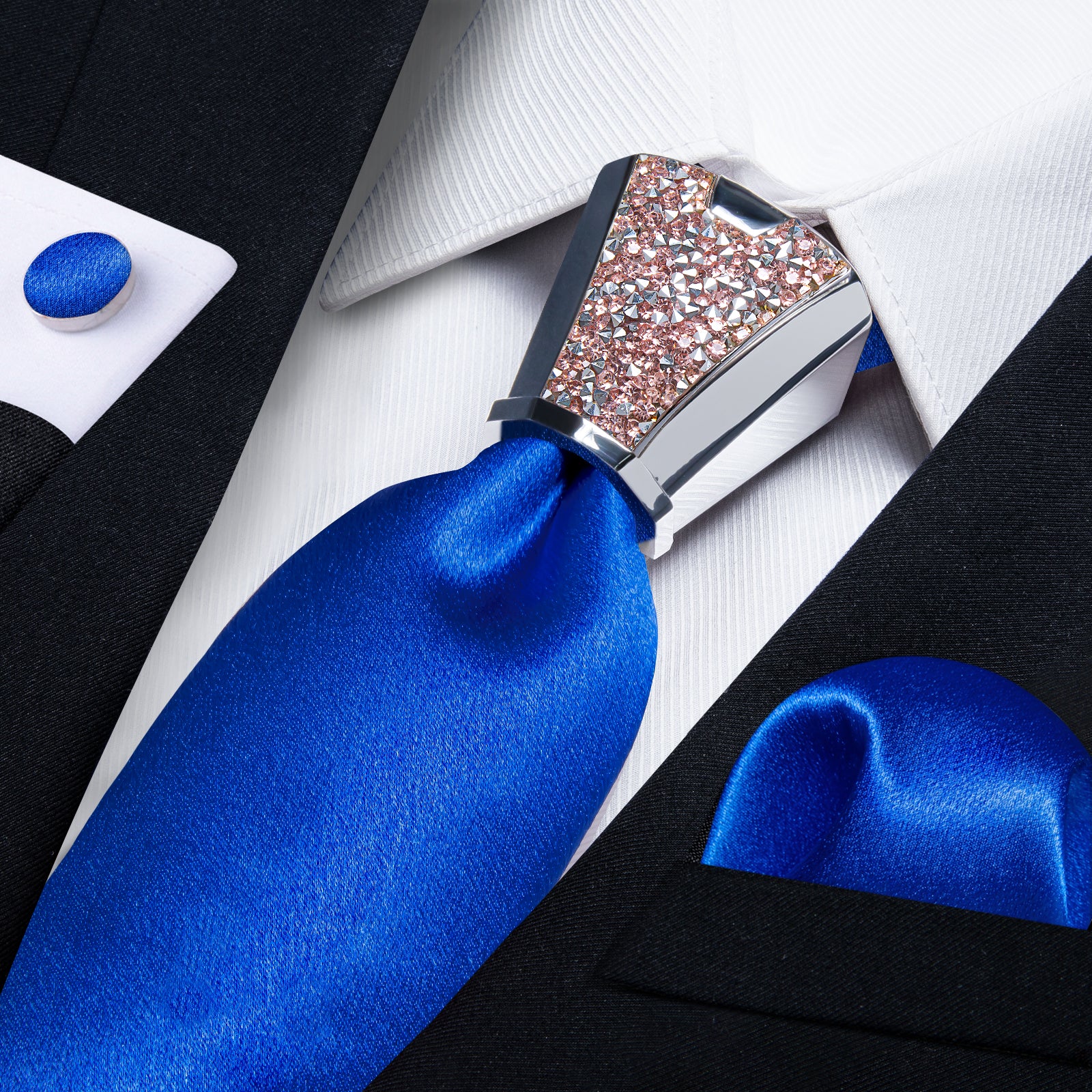 business office design tie silk mens Shining Cobalt Blue Tie pocket square cufflinks set with mens necktie accessory ring set