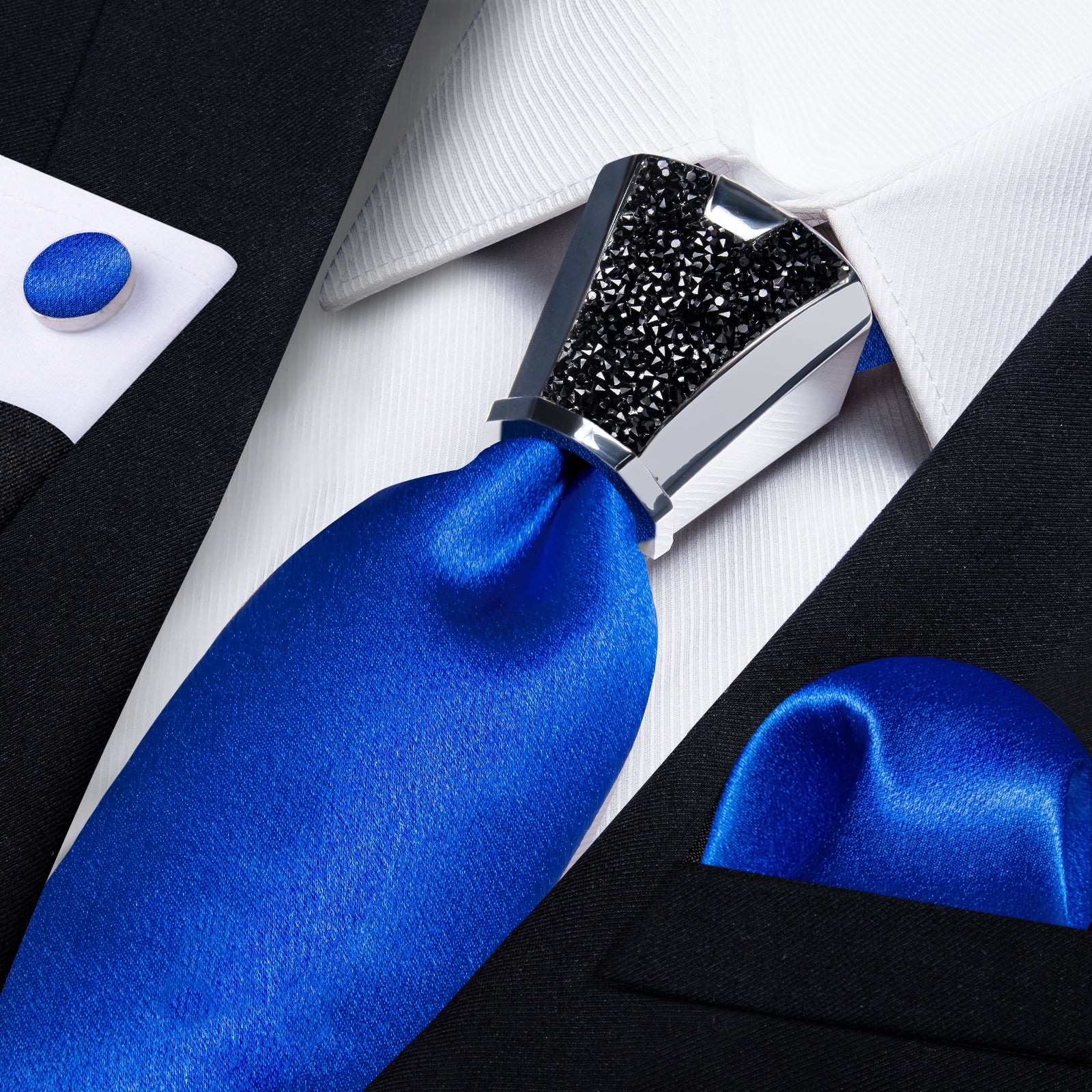 business office design tie silk mens Shining Cobalt Blue Tie pocket square cufflinks set with mens necktie accessory ring set