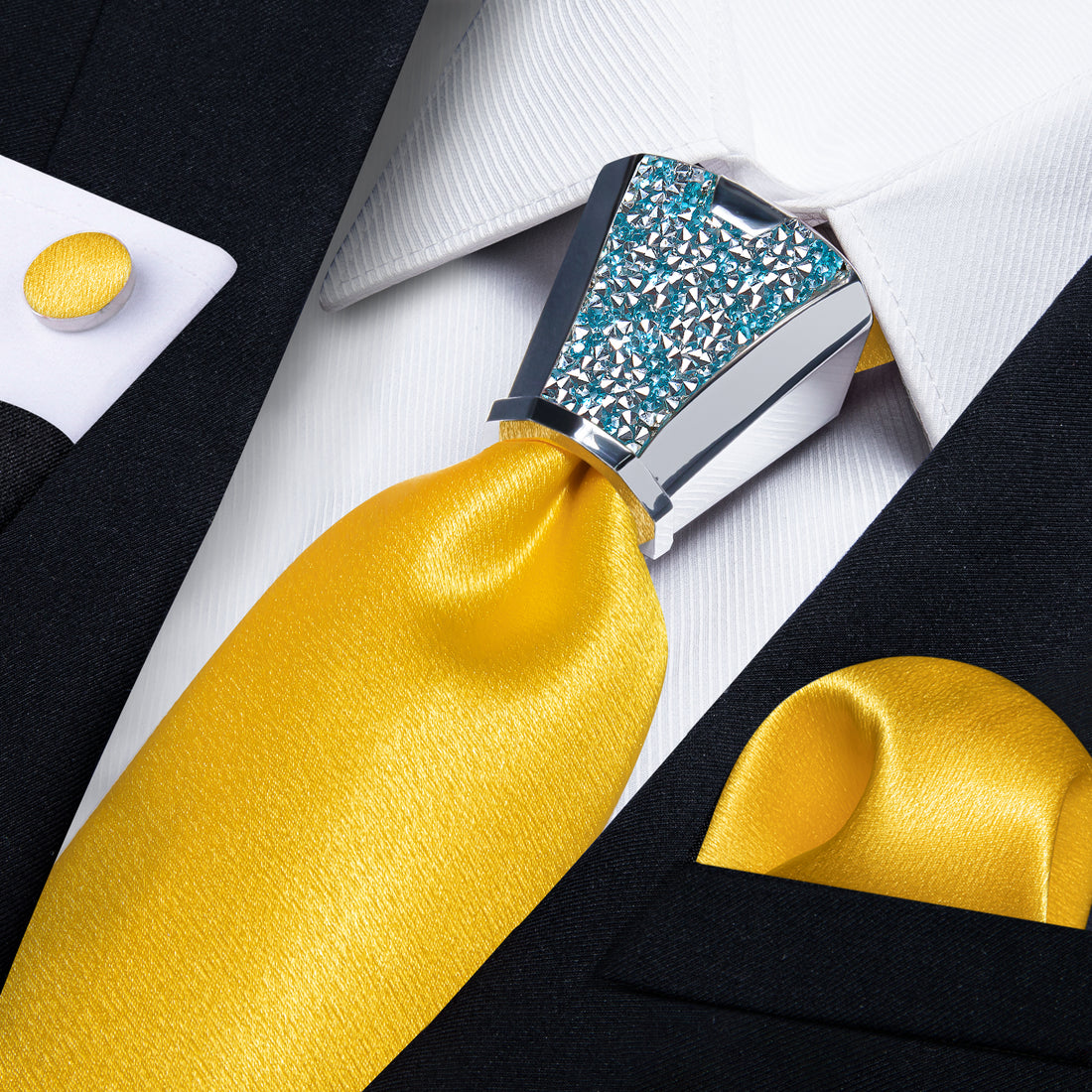fashion yellow Shining Tangerine Yellow solid silk neckties pocket square cufflinks set with mens tie accessory ring set