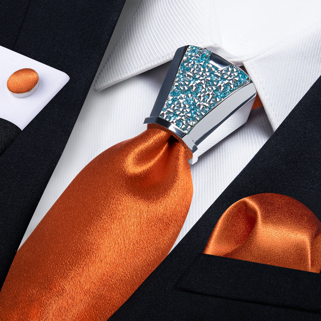 Solid Tie 4PC Set Shining Burnt Orange grooms tie handkerchief cufflinks set with tie accessory ring set for wedding