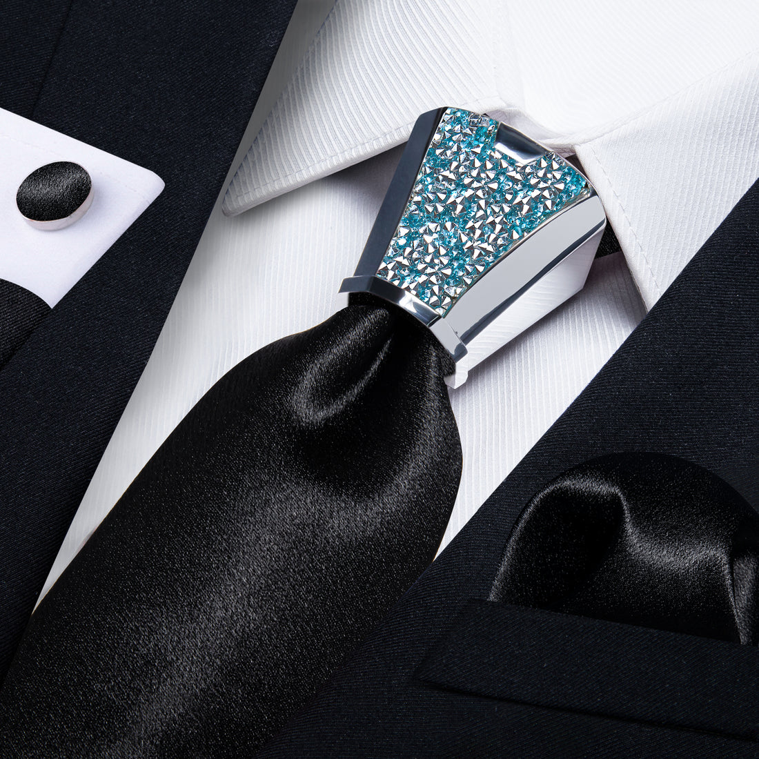mens black ties Solid Shining Tie handkerchief cufflinks set with accessory ring set for business
