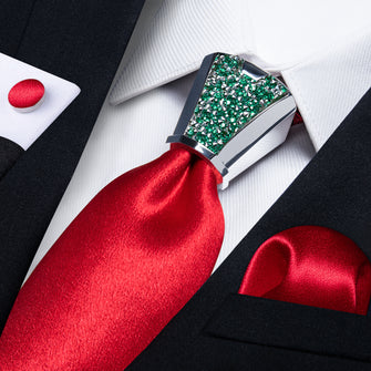 Red Tie Solid Shining Bright Red mens tie set and tie accessory ring set for wedding party