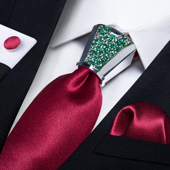 Solid Shining Burgundy red silk tie handkerchief cufflinks set with mens tie accessory ring set for wedding