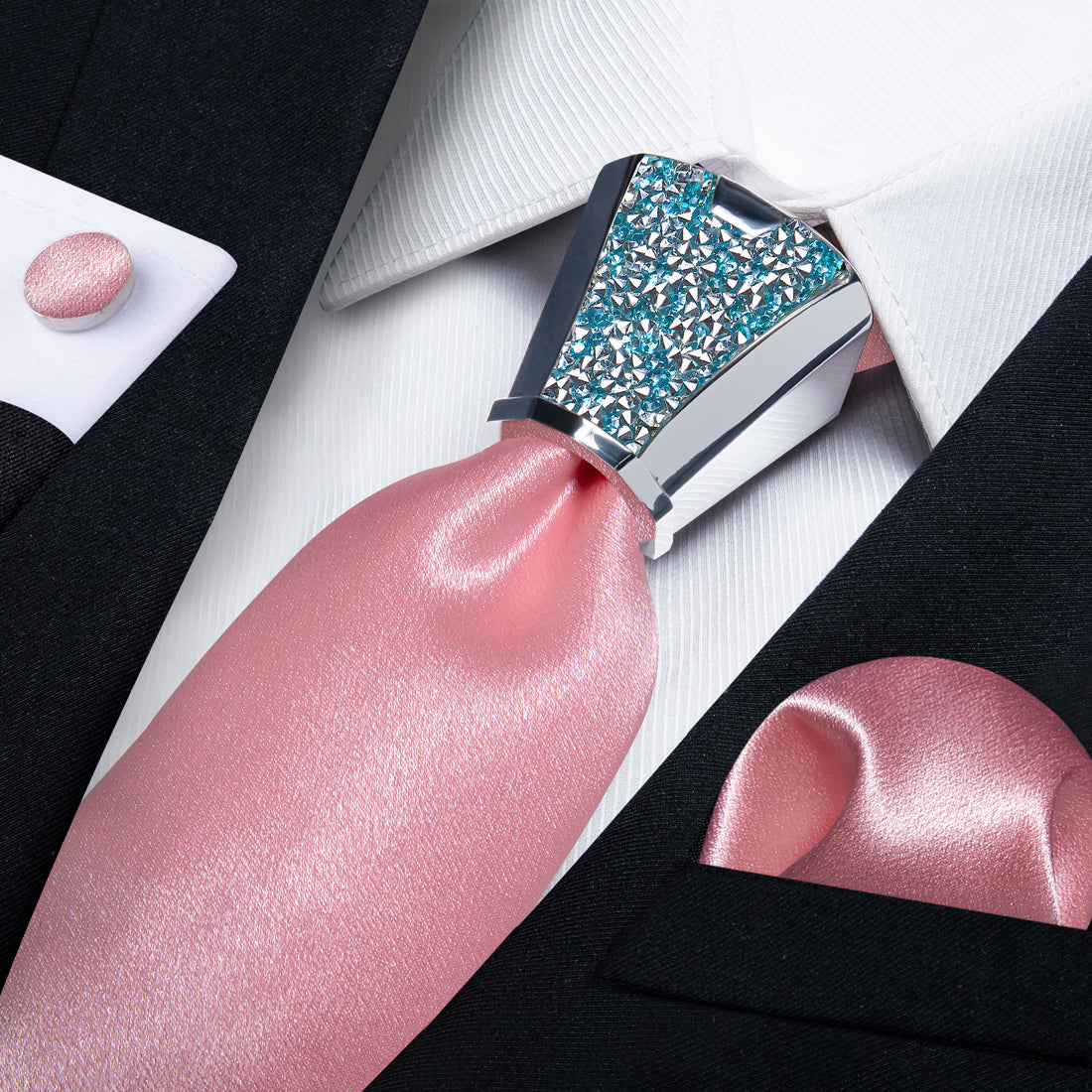 fashion pale pink tie Solid Shining Necktie handkerchief cufflinks set with tie accessory ring set for wedding
