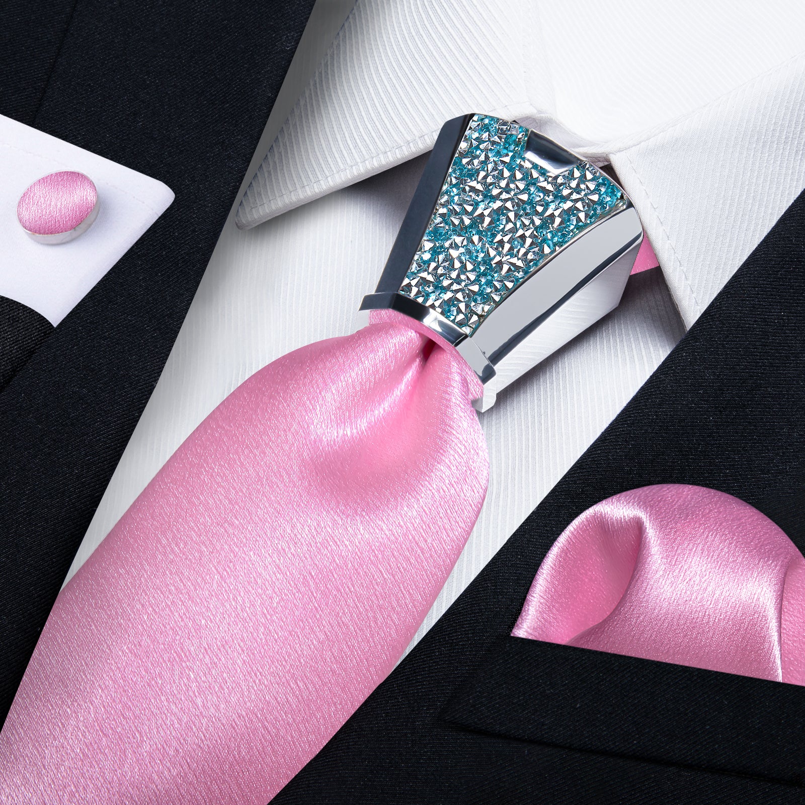 Solid Shining Ballet Slipper Pink men tie set with mens accessory ring set for wedding