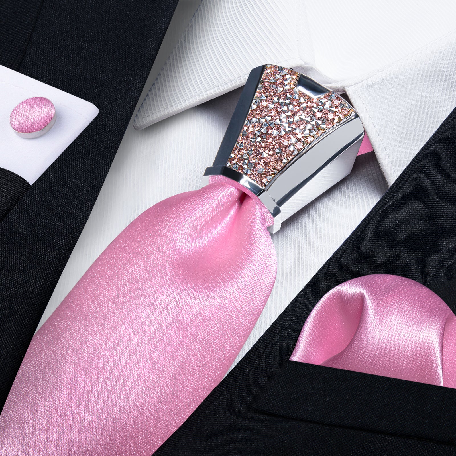 Solid Shining Ballet Slipper Pink men tie set with mens accessory ring set for wedding