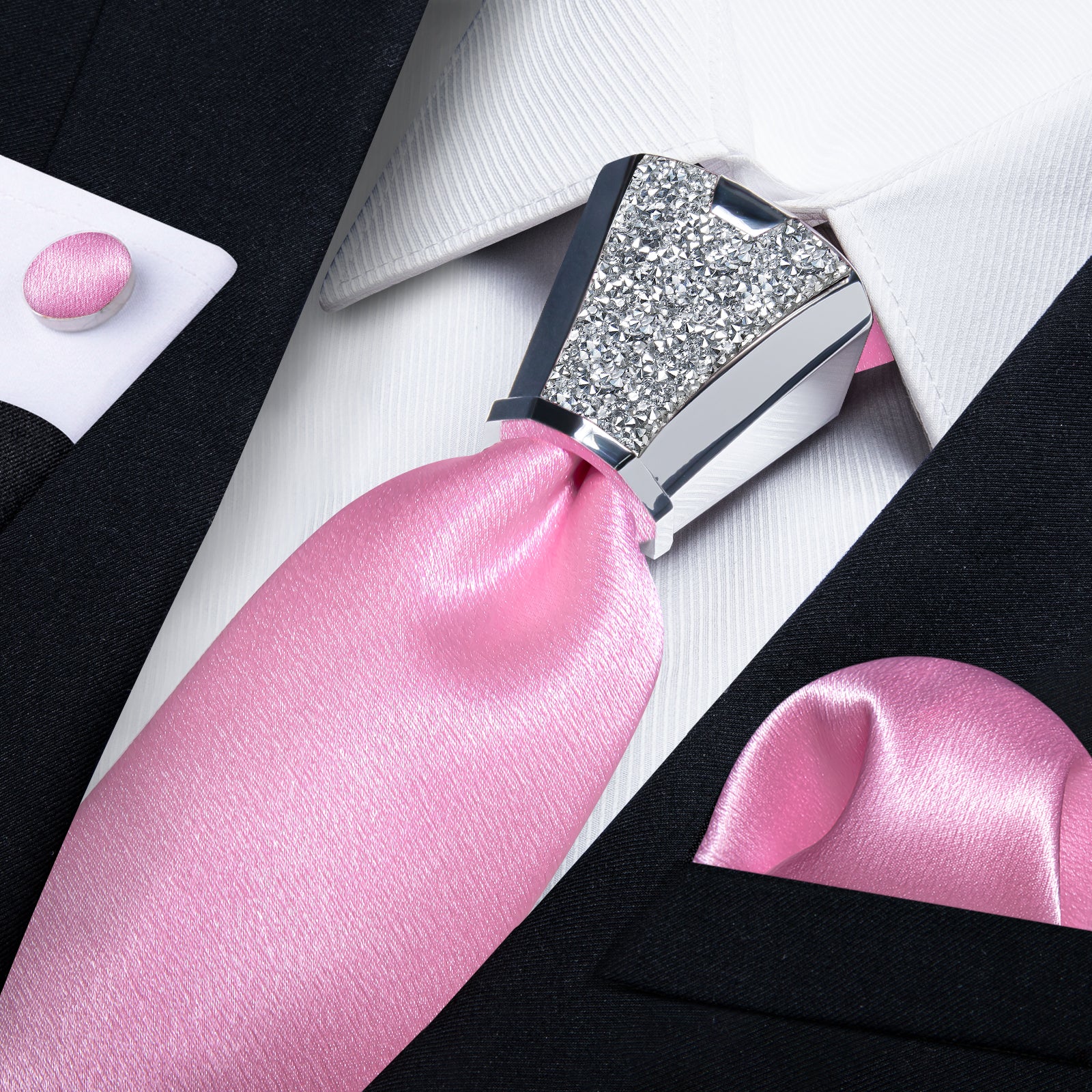 Solid Shining Ballet Slipper Pink men tie set with mens accessory ring set for wedding