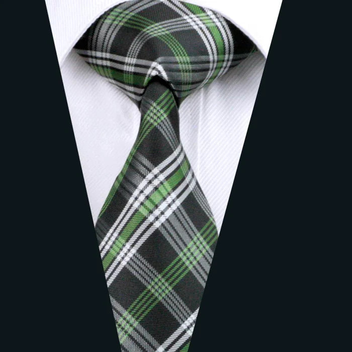 Green Black Plaid Tie Pocket Square Cufflinks Clip Set