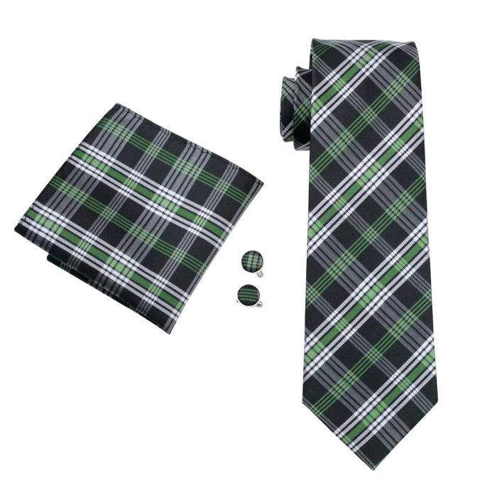 Green Black Plaid Tie Pocket Square Cufflinks Clip Set
