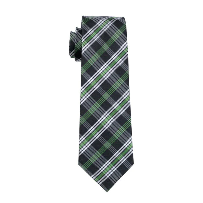 Green Black Plaid Tie Pocket Square Cufflinks Clip Set