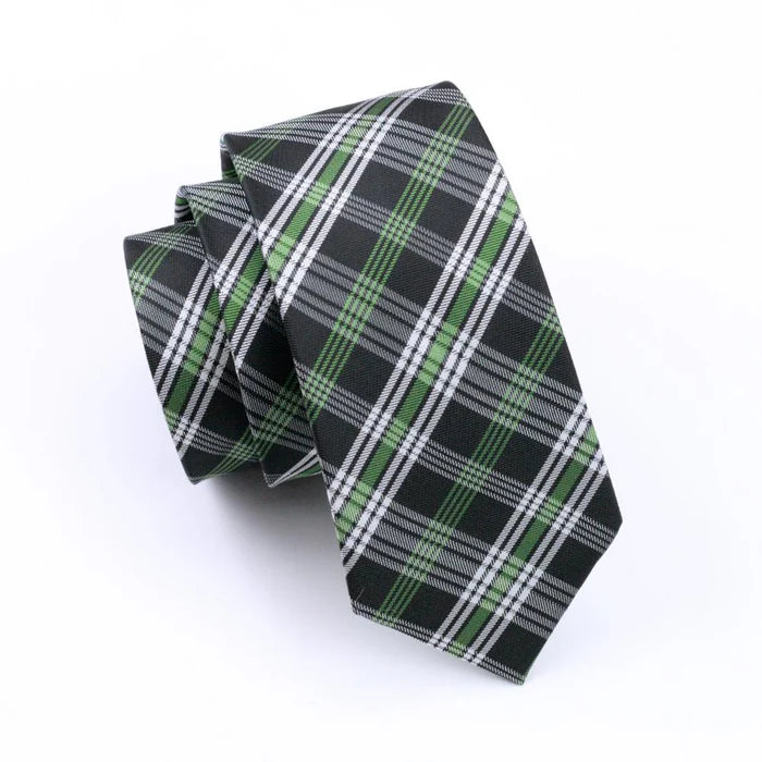 Green Black Plaid Tie Pocket Square Cufflinks Clip Set