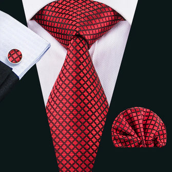 Red Plaid Tie Handkerchief Cufflinks Set