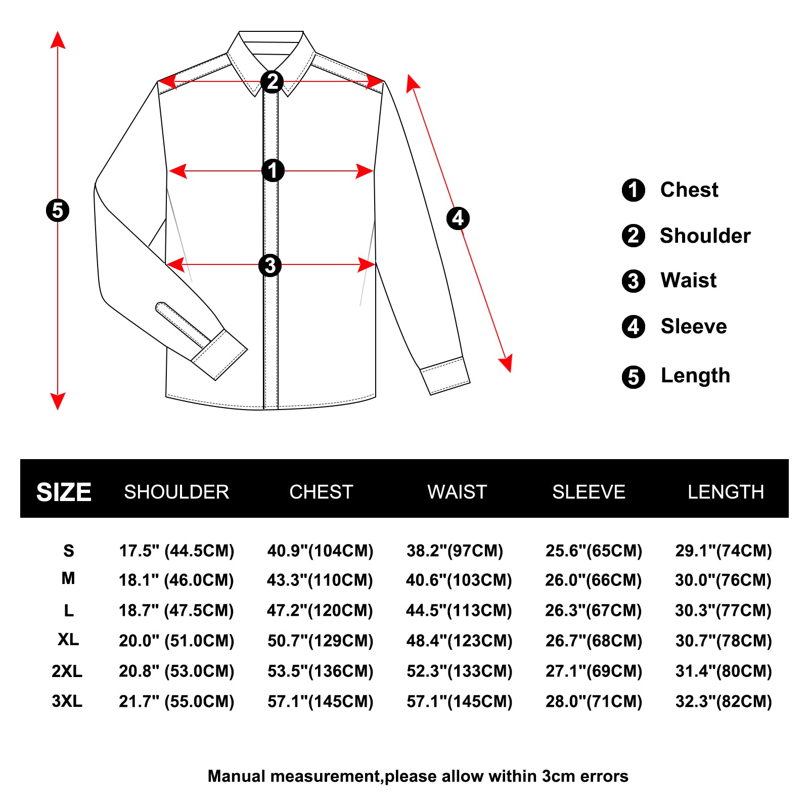 red wedding button long sleeve shirts size chart
