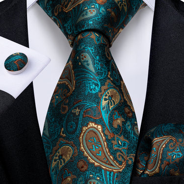 Deep Blue Paisley Men's Tie Handkerchief Cufflinks Set (4619989188689)