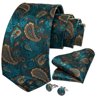 Deep Blue Paisley Men's Tie Handkerchief Cufflinks Set (4619989188689)