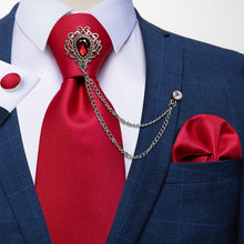 Red Solid Men's Silk Necktie Handkerchief Cufflinks Set With GEM Lapel Pin Brooch Set