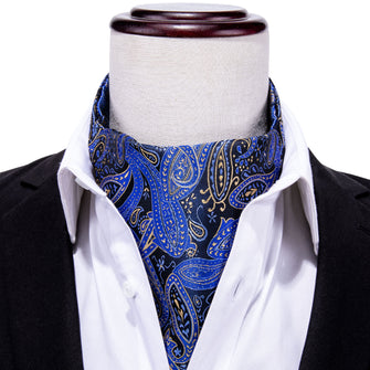 Blue Black Paisley Silk Cravat Woven Ascot Tie Pocket Square Handkerchief Suit Set (1930068328490)