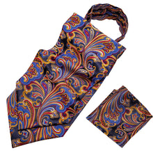 Blue Yellow Brown Floral Silk Mens Ascot Tie Pocket Square Suit Set