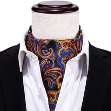 Blue Yellow Brown Floral Silk Mens Ascot Tie Pocket Square Suit Set