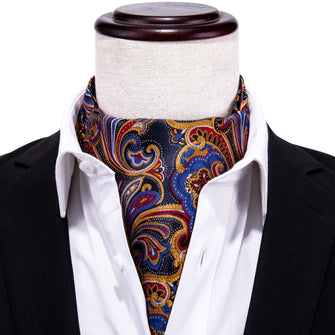 Blue Yellow Floral Silk Cravat Woven Ascot Tie Pocket Square Handkerchief Suit Set (1930068885546)