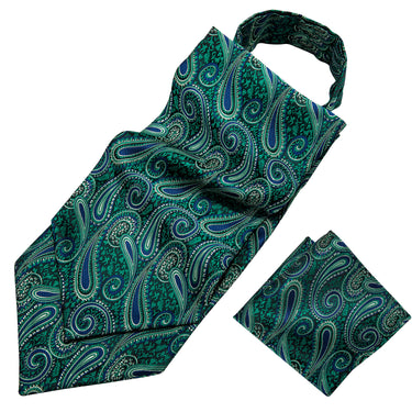 Green Blue Paisley Silk Cravat Woven Ascot Tie Pocket Square Handkerchief Suit Set (1930069475370)