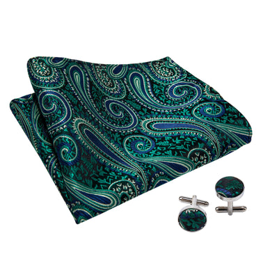 Green Blue Paisley Silk Cravat Woven Ascot Tie Pocket Square Handkerchief Suit Set (1930069475370)