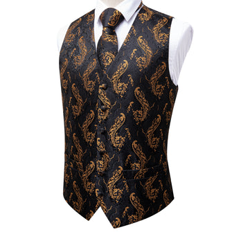 Black Gold Floral Jacquard Silk Waistcoat Vest Handkerchief Cufflinks Tie Vest Suit Set (4619704729681)