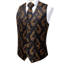Black Gold Floral Jacquard Silk Waistcoat Vest Handkerchief Cufflinks Tie Vest Suit Set