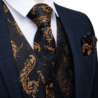 Mens Suit Vest Black Gold Floral Jacquard Silk Waistcoat Vest Tie Vest Suit Set