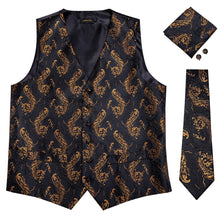 Black Gold Floral Jacquard Silk Waistcoat Vest Handkerchief Cufflinks Tie Vest Suit Set 