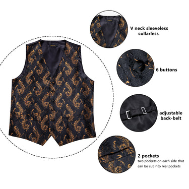Black Gold Floral Jacquard Silk Waistcoat Vest Handkerchief Cufflinks Tie Vest Suit Set (4619704729681)