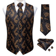 Mens Suit Vest Black Gold Floral Jacquard Silk Waistcoat Vest Tie Vest Suit Set