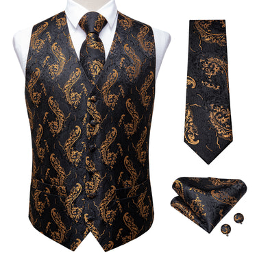 Black Gold Floral Jacquard Silk Waistcoat Vest Handkerchief Cufflinks Tie Vest Suit Set (4619704729681)