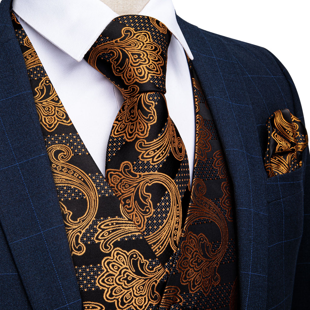 Men's Classic Golden Black Floral Jacquard Silk Waistcoat Vest Tie Poc ...