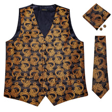 Men's Classic Brown Black Floral Jacquard Silk Waistcoat Vest Handkerchief Cufflinks Tie Vest Suit Set (4619707285585)