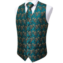 Men's Classic Teal Blue Paisley Jacquard Silk Vest Necktie Pocket square Cufflinks Ring Set