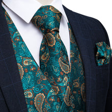 Men's Classic Teal Blue Paisley Jacquard Silk Vest Necktie Pocket square Cufflinks Ring Set