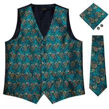 Men's Classic Teal Blue Paisley Jacquard Silk Waistcoat Vest Handkerchief Cufflinks Tie Vest Suit Set (4619711578193)