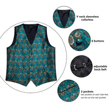 Men's Teal Blue Paisley Jacquard Silk Waistcoat Vest Bowtie Handkerchief Cufflinks Set
