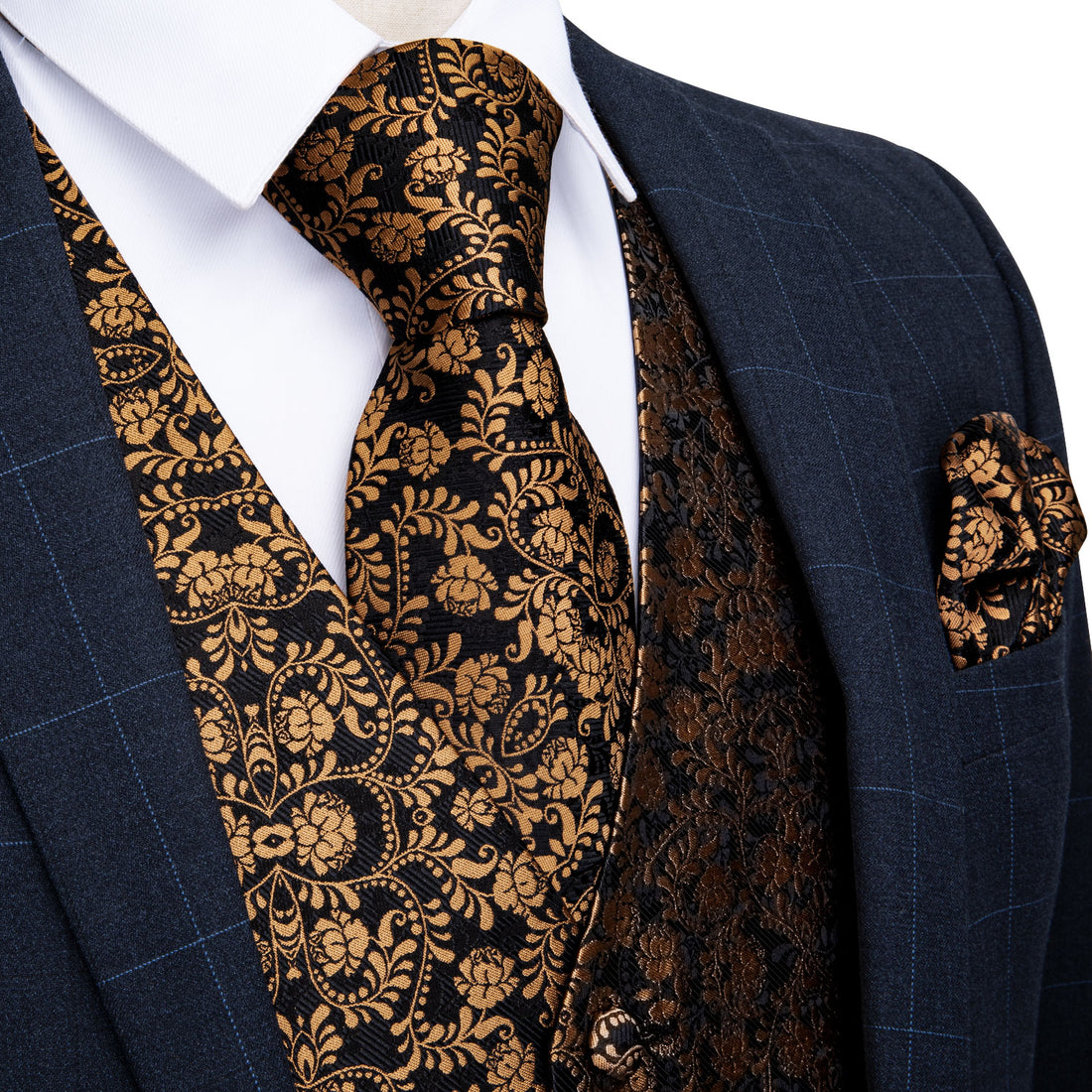 Men's Classic Gold Floral Jacquard Silk Waistcoat Vest Handkerchief Cufflinks Tie Vest Suit Set (4619715903569)