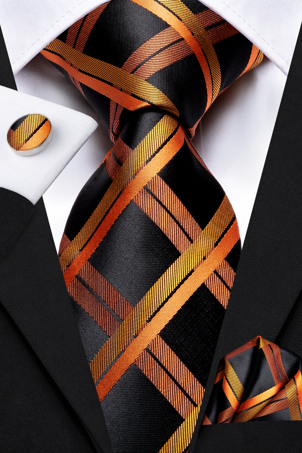Yellow Black Plaid Tie Hanky Cufflinks Clip Set