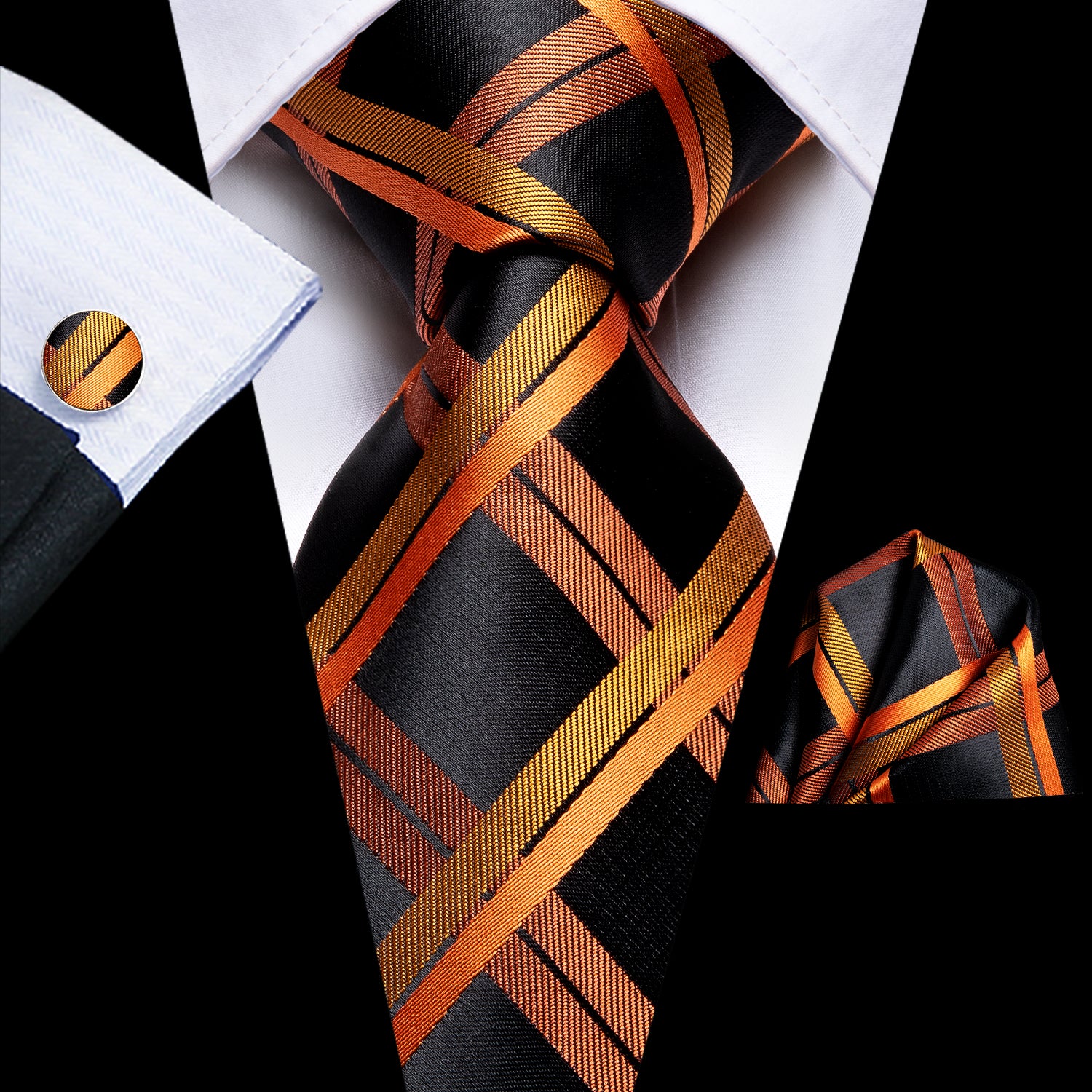 Yellow Black Plaid Tie Hanky Cufflinks Clip Set